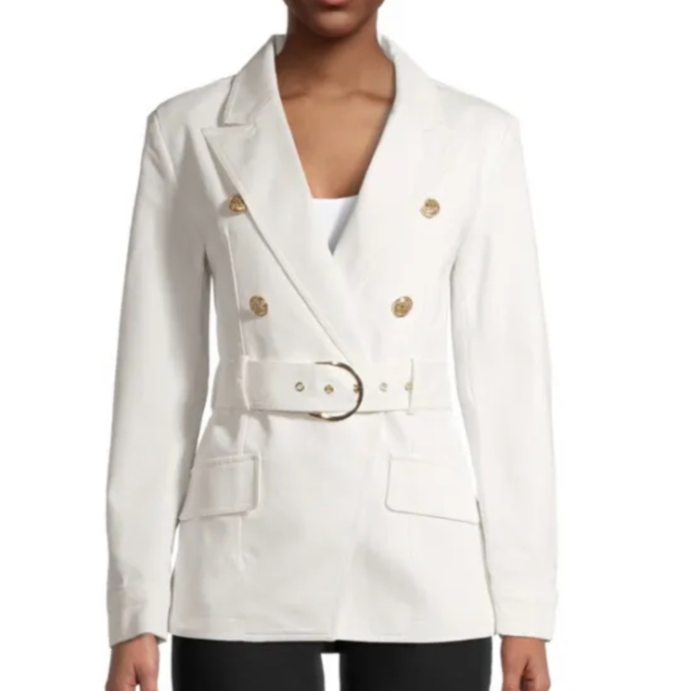 Attitude Unknown Women’s White Denim Blaze Gold Button Belted Military XS NEw